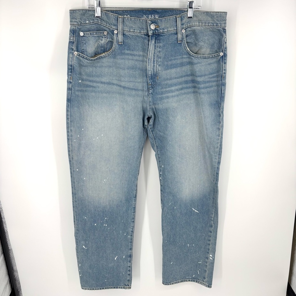 J CREW Mid Rise Slouchy Straight Jeans with Paint Splatter Ice Blue Wash Size 33 - Picture 2 of 12